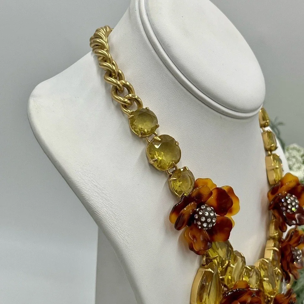 J. Crew Tortoise Shell Flower Asymmetrical Pave Yellow‎ Rhinestone Bib Necklace